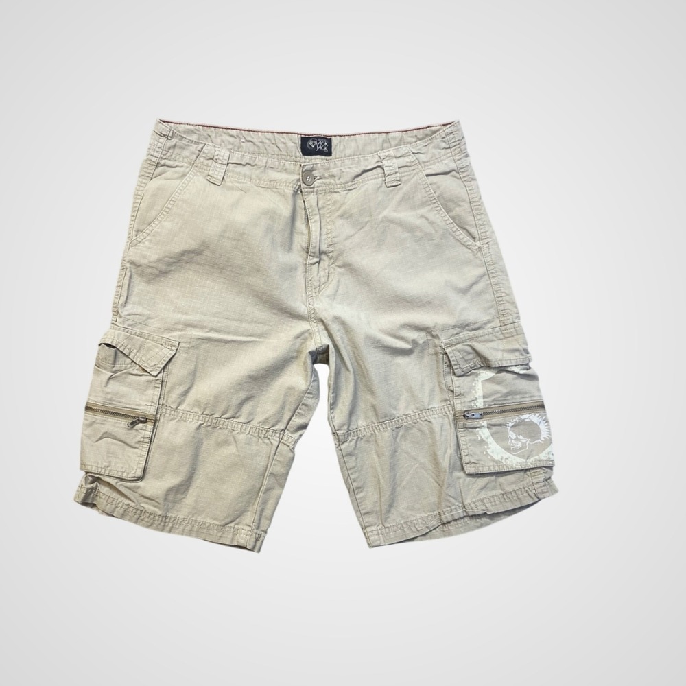 Black Jack Cargo Shorts Mens 34 Khaki Excellent Ripstop Skull Graphic Zippered